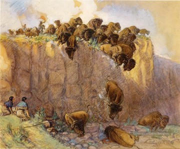 Indiens et cowboys œuvres - Buffalo conduite sur la falaise 1914 Charles Marion Russell Indiana cow boy